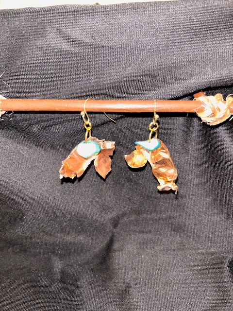 Brass cross charm earrings with turquoise stone and lock and key dangles
