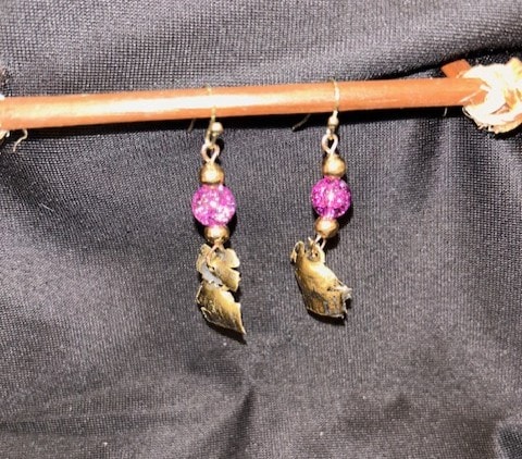 Antique brass sparrow charm earrings with purple glitter beads